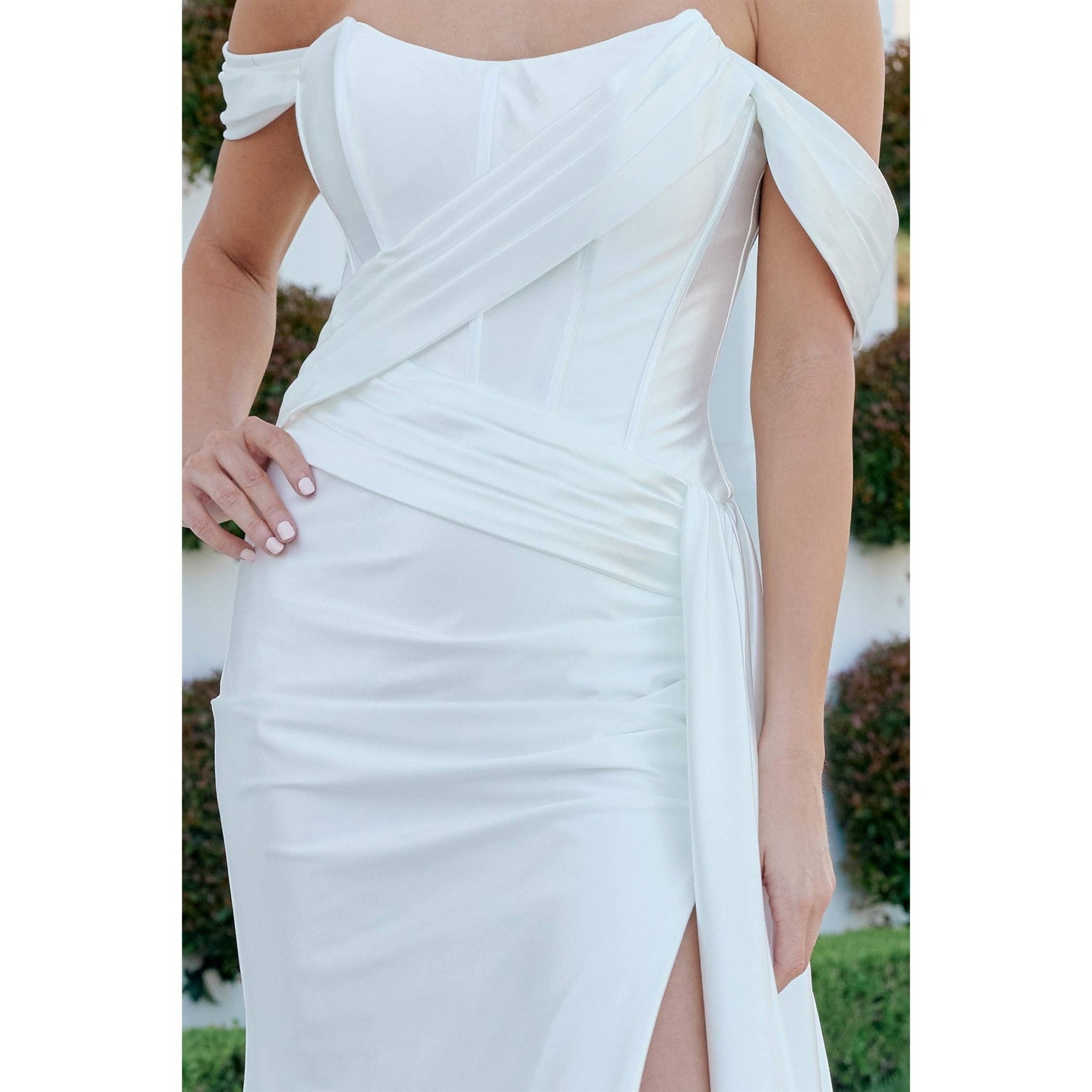 {White Bustier Corset Satin Dress with Detachable Off - Shoulder Straps} - {} at {Linda Mariposa}