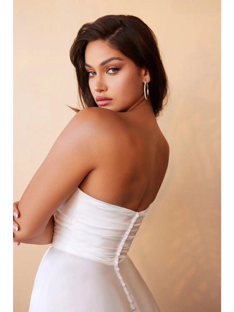 {White Satin Bridal Ball Gown | Strapless Sweetheart & High Slit} - {} at {Linda Mariposa}