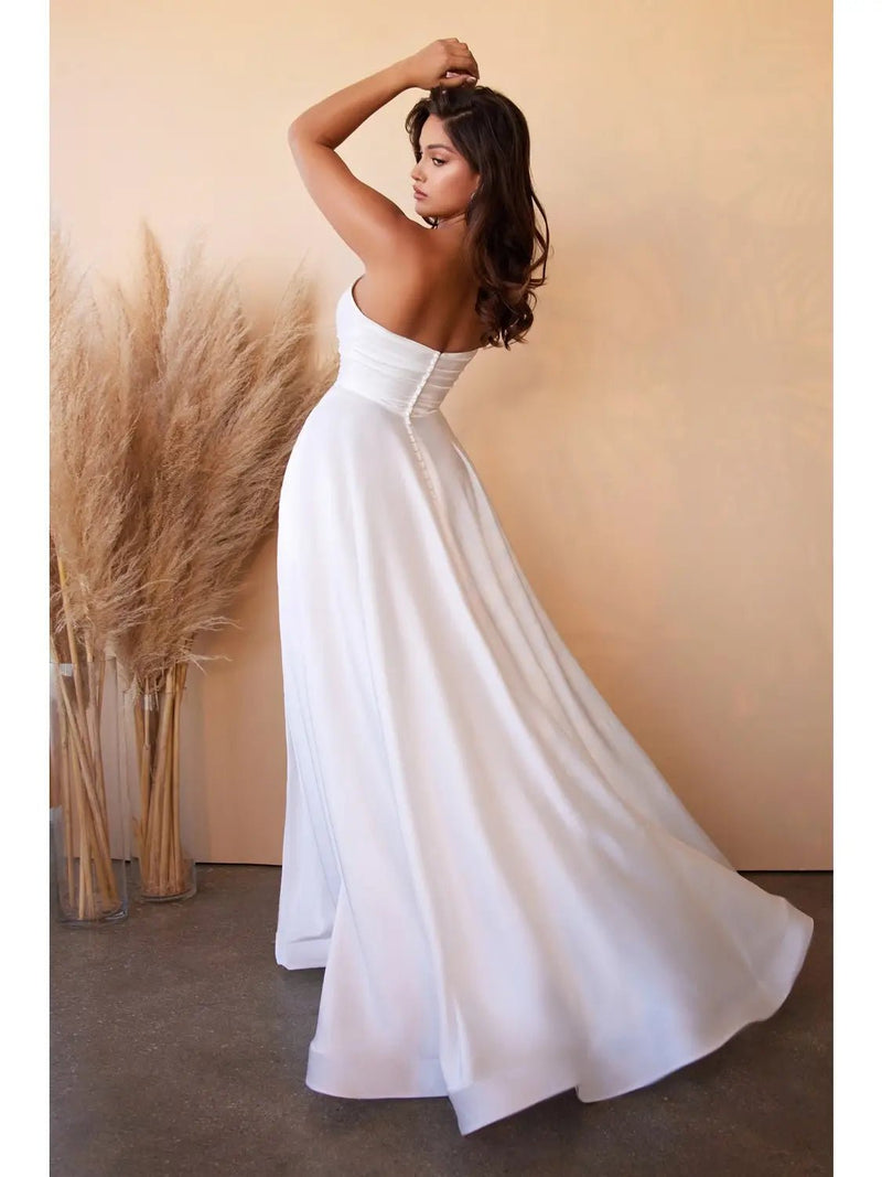{White Satin Bridal Ball Gown | Strapless Sweetheart & High Slit} - {} at {Linda Mariposa}