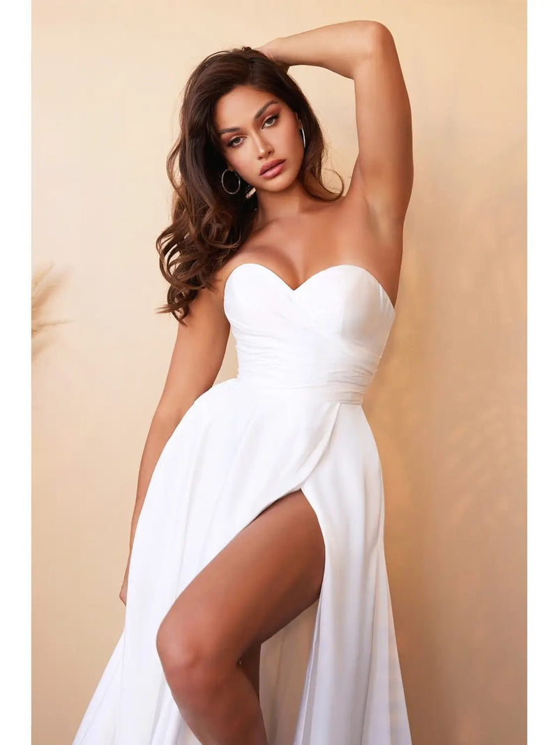 {White Satin Bridal Ball Gown | Strapless Sweetheart & High Slit} - {} at {Linda Mariposa}