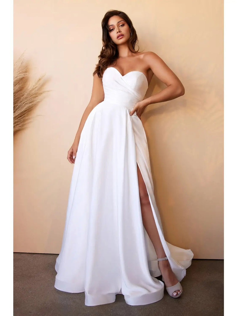 {White Satin Bridal Ball Gown | Strapless Sweetheart & High Slit} - {} at {Linda Mariposa}