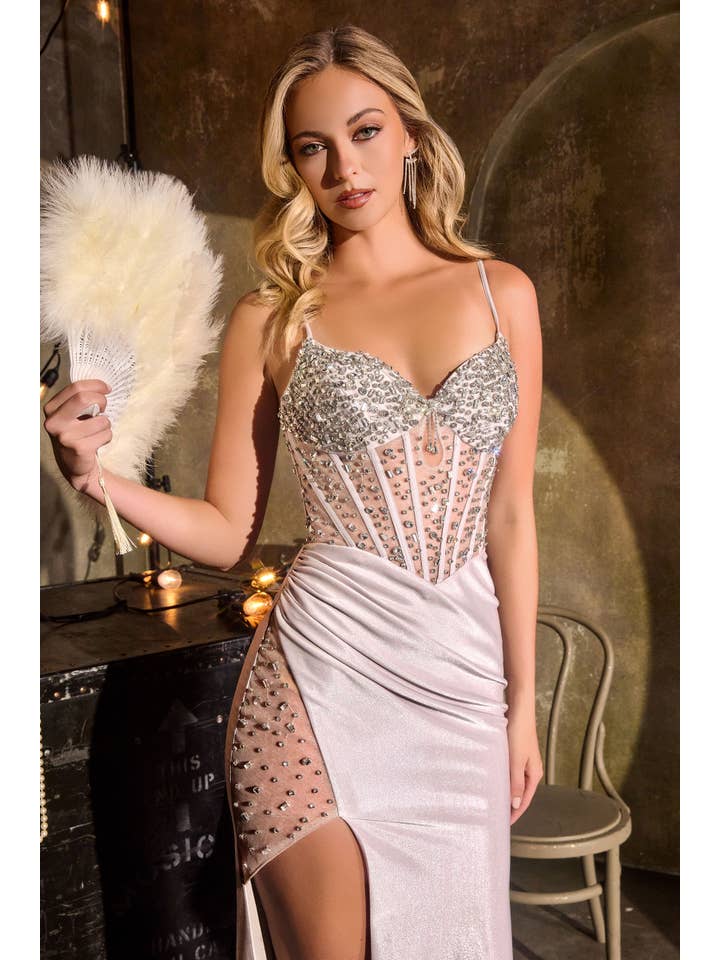 {WHOLESALE CRYSTAL EMBELLISHED FITTED PROM DRESS WITH HIGH SHEER SLIT} - {} at {Linda Mariposa}