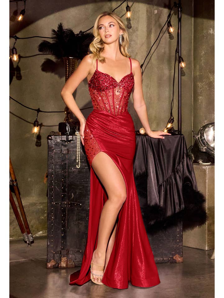 {WHOLESALE CRYSTAL EMBELLISHED FITTED PROM DRESS WITH HIGH SHEER SLIT} - {} at {Linda Mariposa}