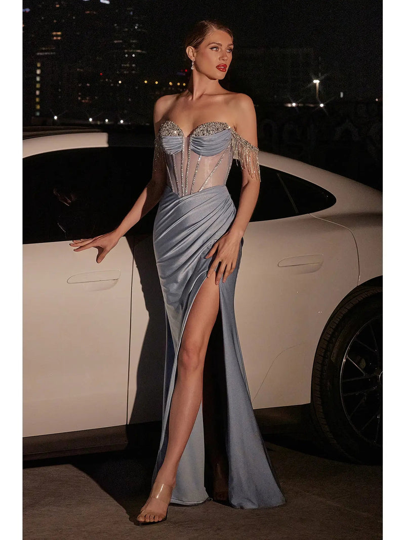 {WHOLESALE OFF THE SHOULDER CRYSTAL FRINGE DRESS} - {} at {Linda Mariposa}