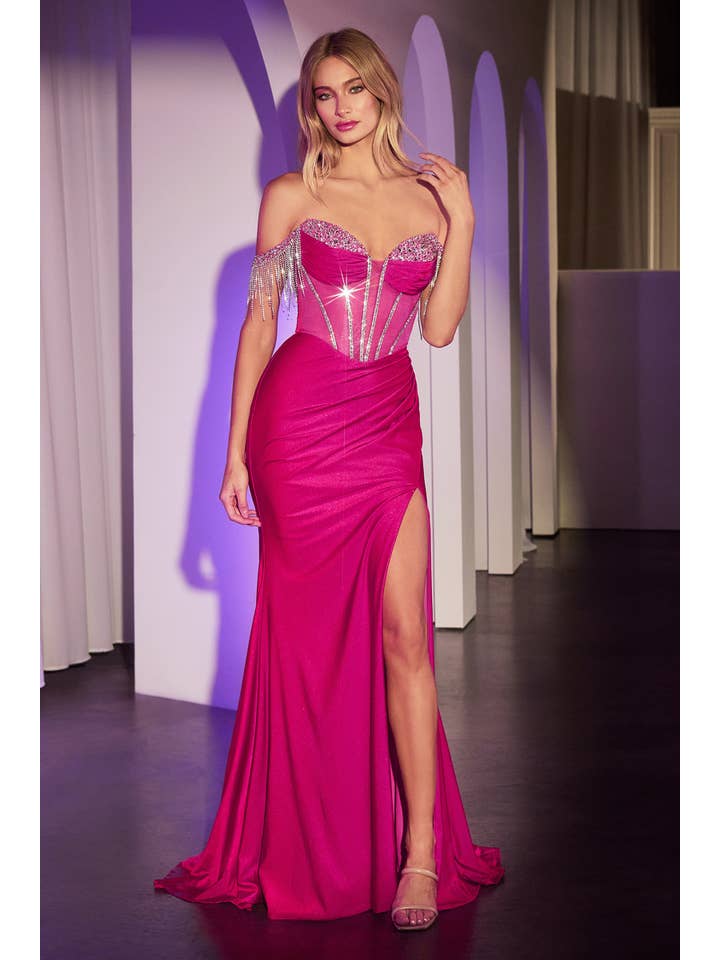 {WHOLESALE OFF THE SHOULDER CRYSTAL FRINGE DRESS} - {} at {Linda Mariposa}