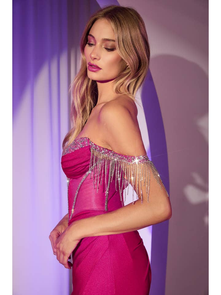 {WHOLESALE OFF THE SHOULDER CRYSTAL FRINGE DRESS} - {} at {Linda Mariposa}