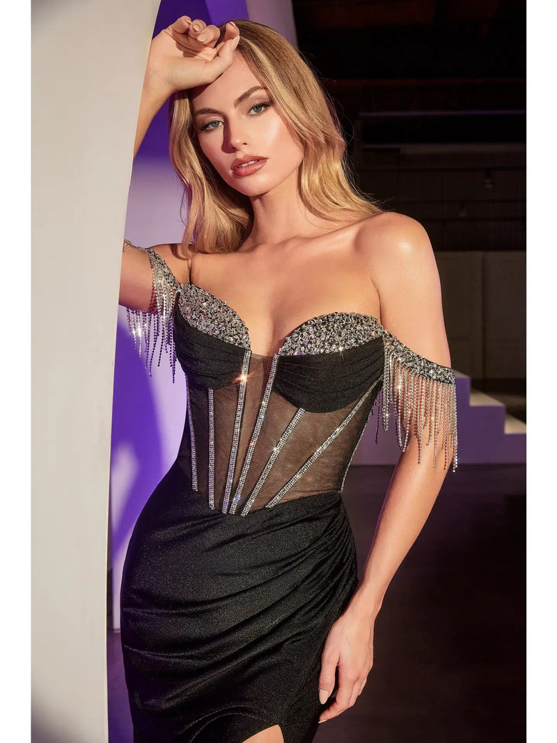 {WHOLESALE OFF THE SHOULDER CRYSTAL FRINGE DRESS} - {} at {Linda Mariposa}