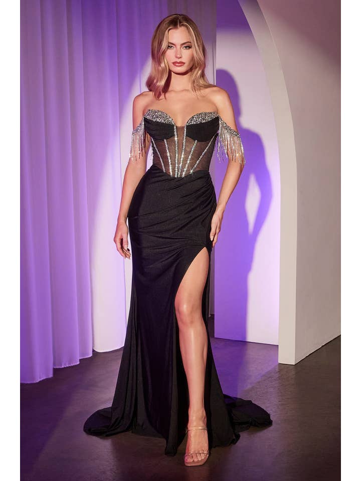 {WHOLESALE OFF THE SHOULDER CRYSTAL FRINGE DRESS} - {} at {Linda Mariposa}