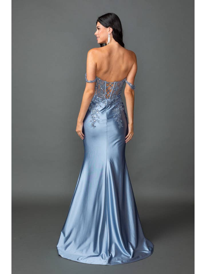{Wholesale Off - the - Shoulder Satin Prom Dress with Beaded Corset Bodice} - {} at {Linda Mariposa}