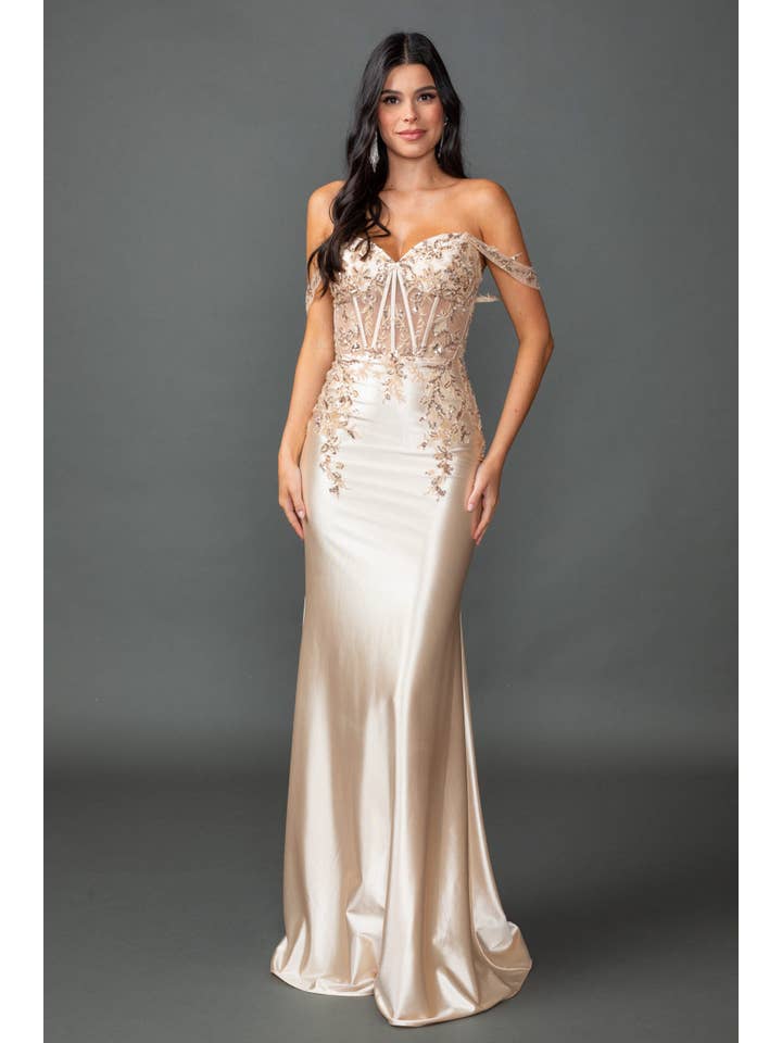 {Wholesale Off - the - Shoulder Satin Prom Dress with Beaded Corset Bodice} - {} at {Linda Mariposa}