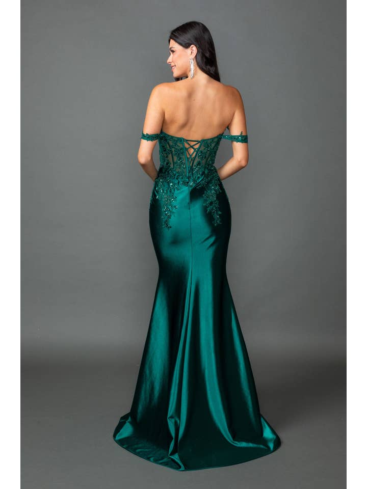 {Wholesale Off - the - Shoulder Satin Prom Dress with Beaded Corset Bodice} - {} at {Linda Mariposa}