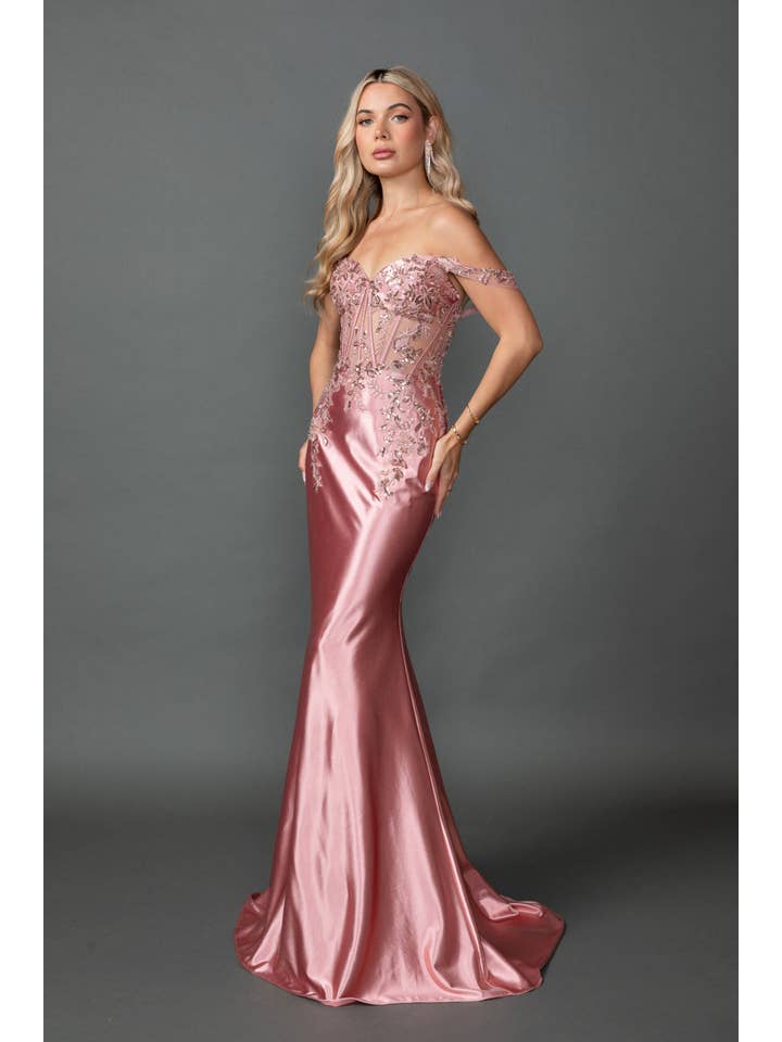 {Wholesale Off - the - Shoulder Satin Prom Dress with Beaded Corset Bodice} - {} at {Linda Mariposa}
