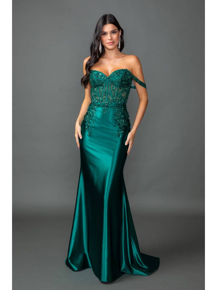 {Wholesale Off - the - Shoulder Satin Prom Dress with Beaded Corset Bodice} - {} at {Linda Mariposa}