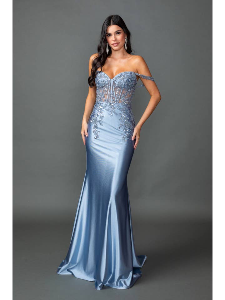 {Wholesale Off - the - Shoulder Satin Prom Dress with Beaded Corset Bodice} - {} at {Linda Mariposa}