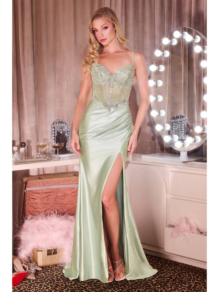 mariposa prom dresses Ladivine CC408 - Long Beaded Mesh Bodice, Glitter Stretch Satin Sheath Dress