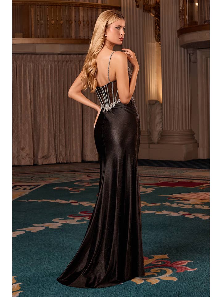 {WHOLESALE SATIN FITTED PROM DRESS WITH BEADED BODICE} - {} at {Linda Mariposa}