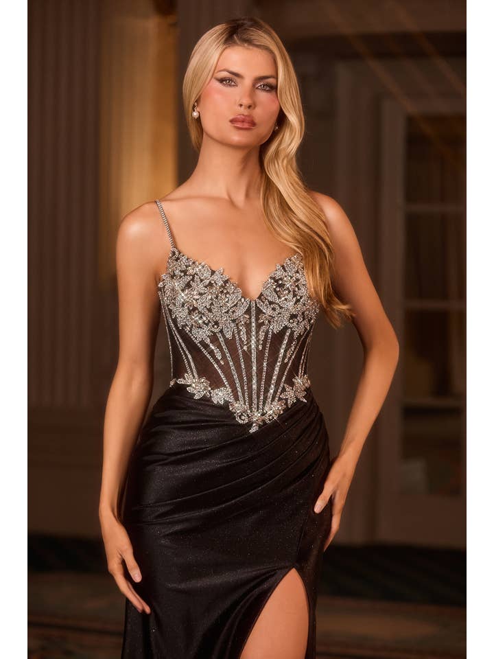 {WHOLESALE SATIN FITTED PROM DRESS WITH BEADED BODICE} - {} at {Linda Mariposa}