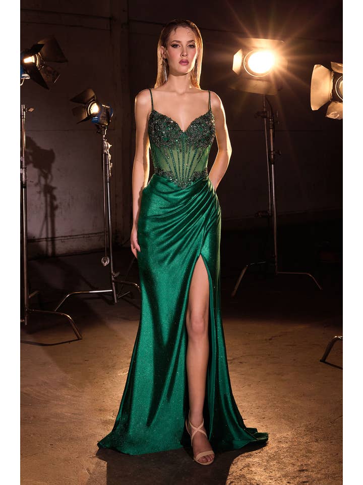 mariposa prom dresses CRYSTAL EMBELLISHED FITTED PROM DRESS WITH HIGH SHEER SLIT