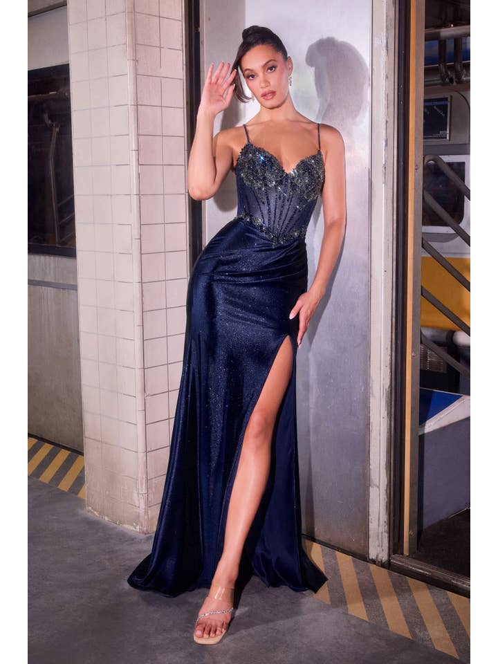 {WHOLESALE SATIN FITTED PROM DRESS WITH BEADED BODICE} - {} at {Linda Mariposa}