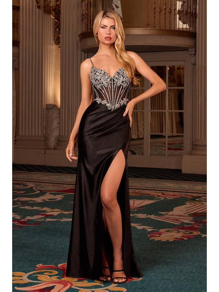 satin fitted prom dress Lady Black Tie - Della Gown - Fitted Satin & Lace Embellished Gown