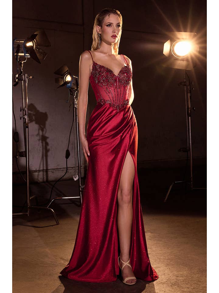 {WHOLESALE SATIN FITTED PROM DRESS WITH BEADED BODICE} - {} at {Linda Mariposa}