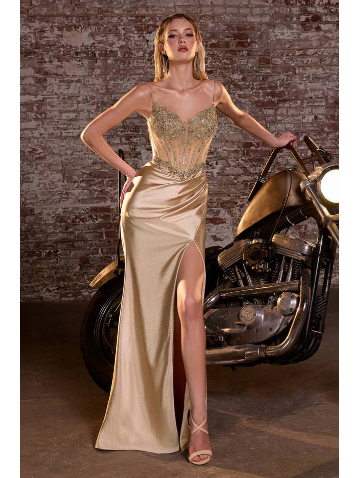 {WHOLESALE SATIN FITTED PROM DRESS WITH BEADED BODICE} - {} at {Linda Mariposa}