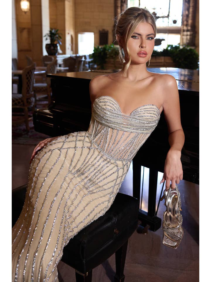 {WHOLESALE STRAPLESS CRYSTAL FITTED GOWN} - {} at {Linda Mariposa}