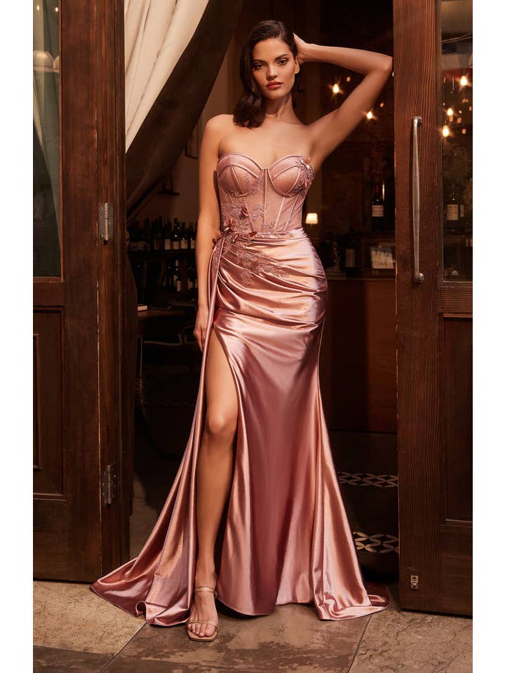 {WHOLESALE STRAPLESS FITTED SATIN CORSET GOWN} - {} at {Linda Mariposa}