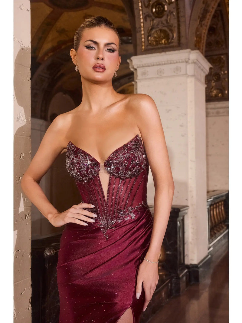 {WHOLESALE STRAPLESS SATIN CRYSTAL GOWN WITH CORSET BODICE AND SLIT} - {} at {Linda Mariposa}