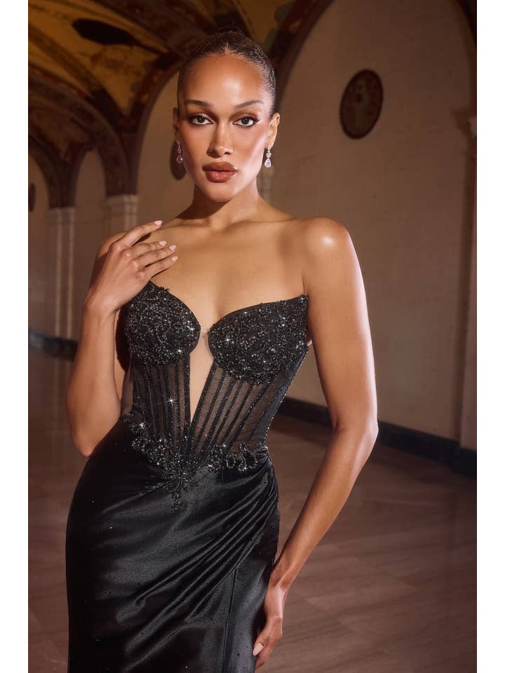 {WHOLESALE STRAPLESS SATIN CRYSTAL GOWN WITH CORSET BODICE AND SLIT} - {} at {Linda Mariposa}