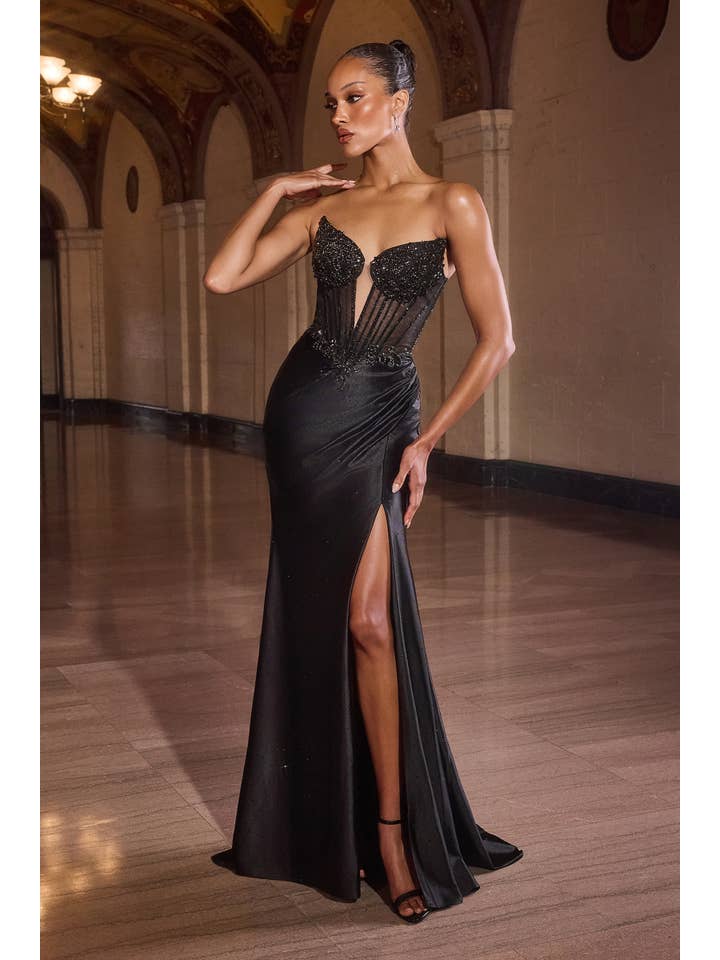 {WHOLESALE STRAPLESS SATIN CRYSTAL GOWN WITH CORSET BODICE AND SLIT} - {} at {Linda Mariposa}