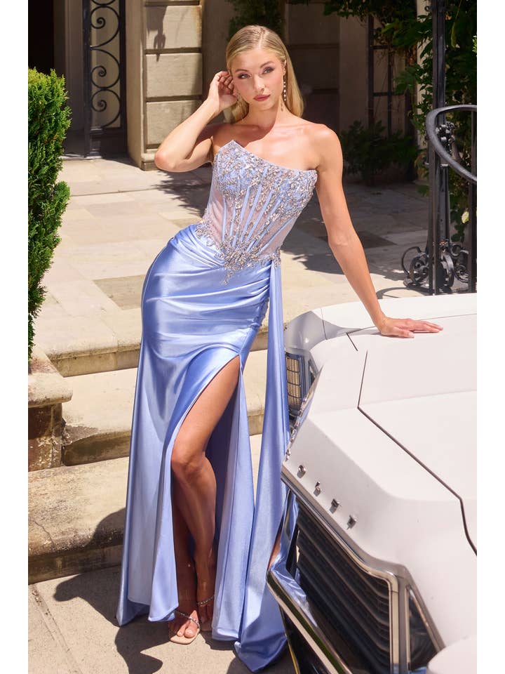 {WHOLESALE STRAPLESS SHEER CORSET FITTED DRESS WITH SLIT & SASH} - {} at {Linda Mariposa}
