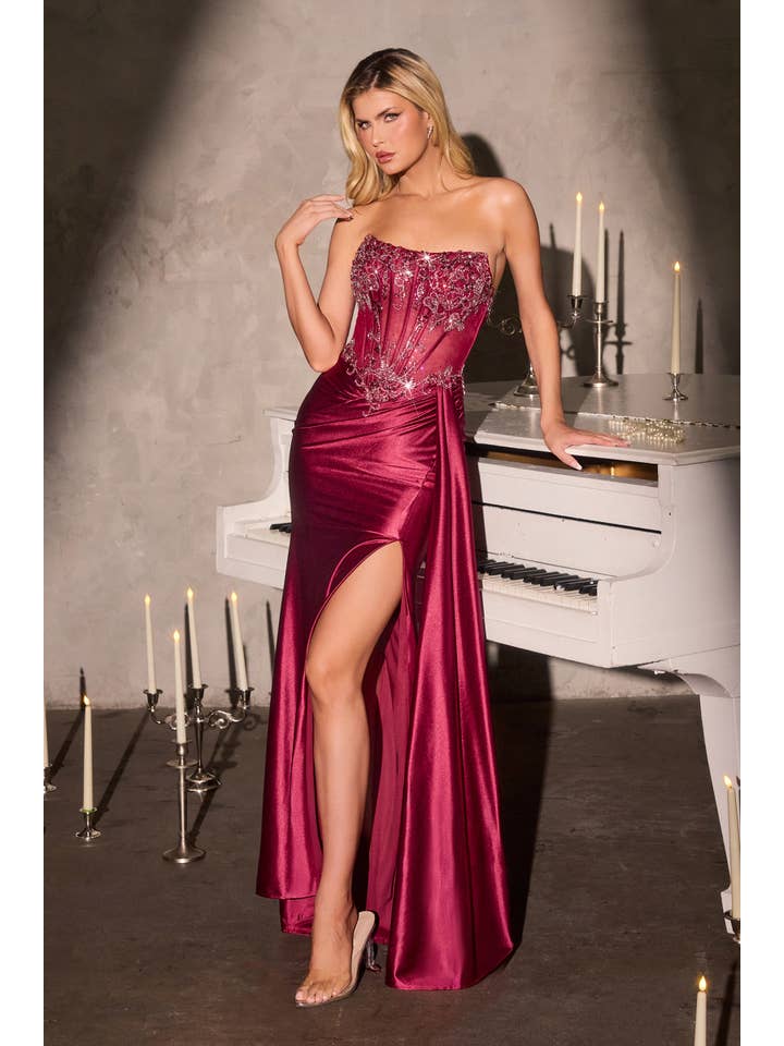 {WHOLESALE STRAPLESS SHEER CORSET FITTED DRESS WITH SLIT & SASH} - {} at {Linda Mariposa}