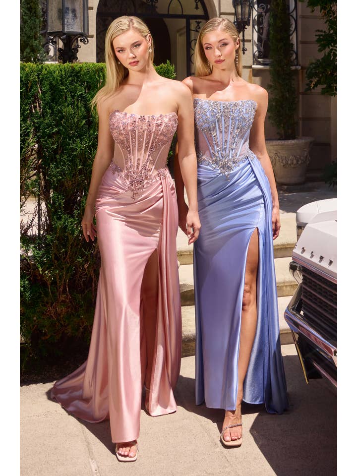 {WHOLESALE STRAPLESS SHEER CORSET FITTED DRESS WITH SLIT & SASH} - {} at {Linda Mariposa}