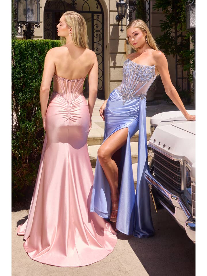 {WHOLESALE STRAPLESS SHEER CORSET FITTED DRESS WITH SLIT & SASH} - {} at {Linda Mariposa}
